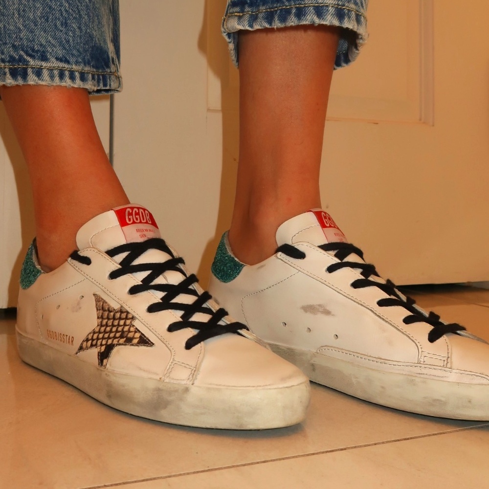 Golden Goose superstar sneaker in white, silver, light blue